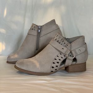 Taupe Beige Western Studded Ankle Bootie w Perforated Triangle Cutouts